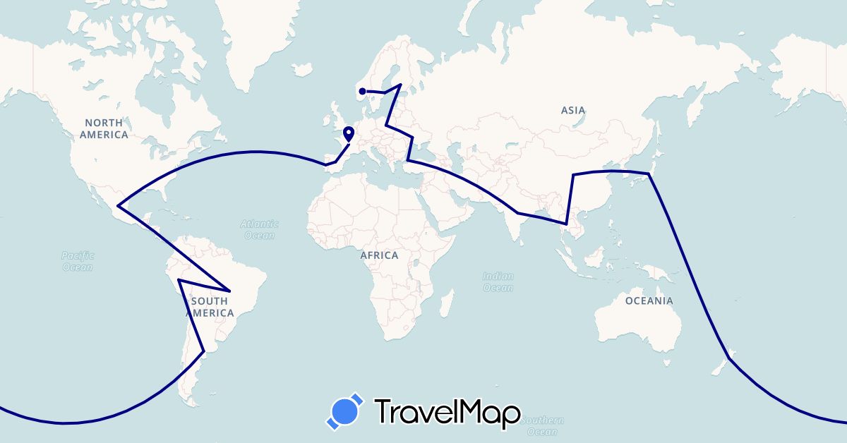 TravelMap itinerary: driving in Argentina, Brazil, China, Spain, Finland, France, India, Japan, Mexico, Norway, New Zealand, Peru, Poland, Portugal, Sweden, Thailand, Turkey, Ukraine (Asia, Europe, North America, Oceania, South America)